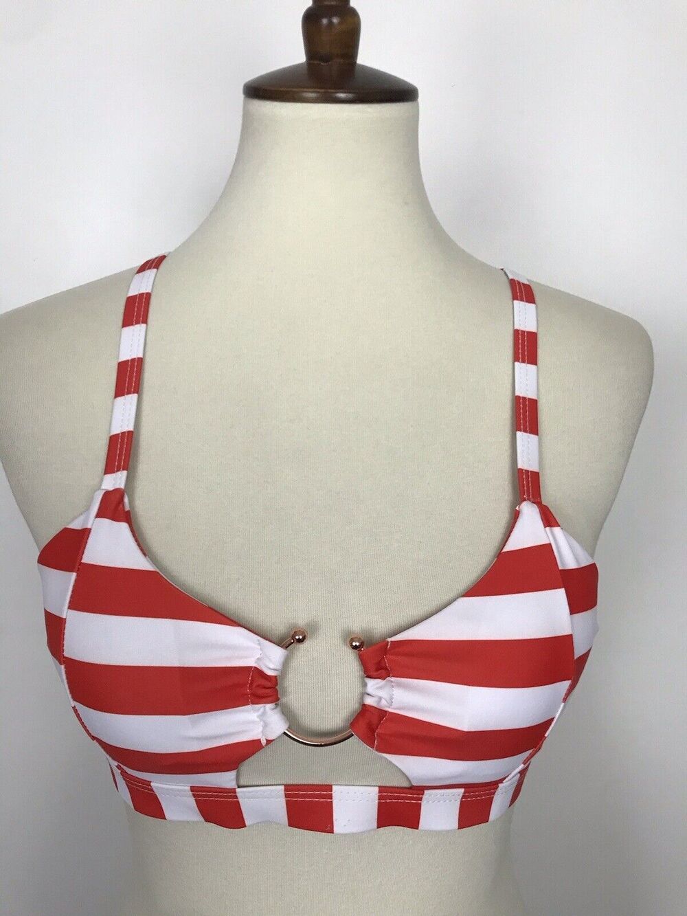 Ejsoyo Swim Bikini Top Multicolor Striped Cut Out Ring Front Swimwear
